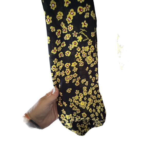 Black Maxi Flowy Dress Yellow Flowers Elastic Waist Tie Back Bow Ruffle Neck M - Picture 2 of 5